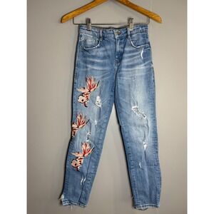 ZARA Trafaluc Denimwear Womens Embroidered Distressed Blue Jeans Size 00